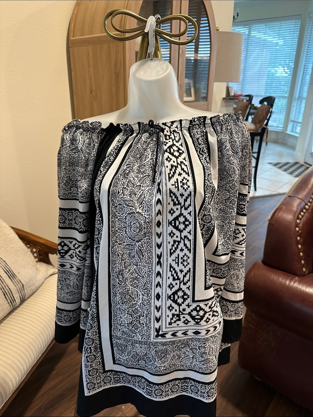Chico's Black and White Off-Shoulder Patterned Blouse